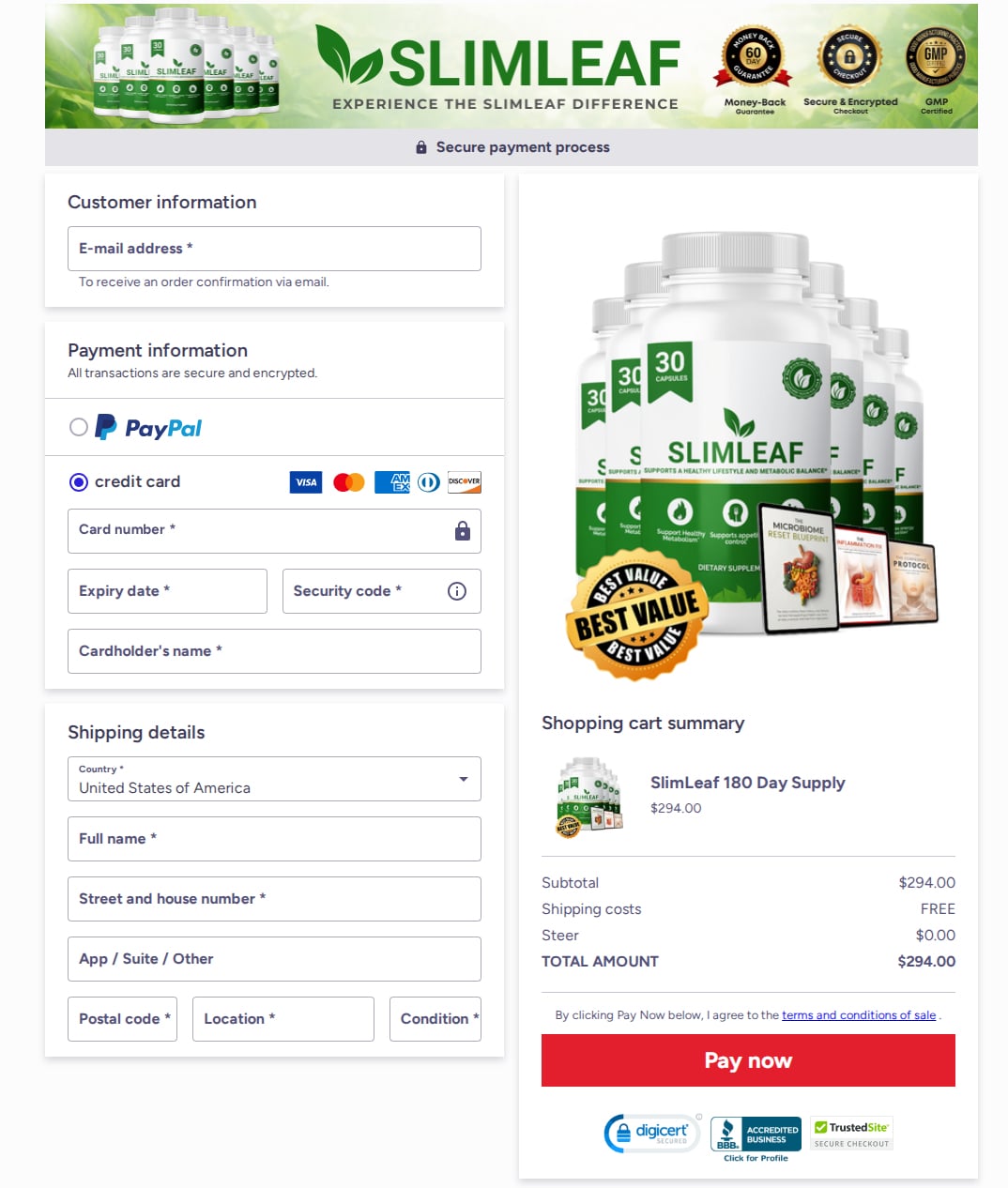 Checkout Page for SlimLeaf